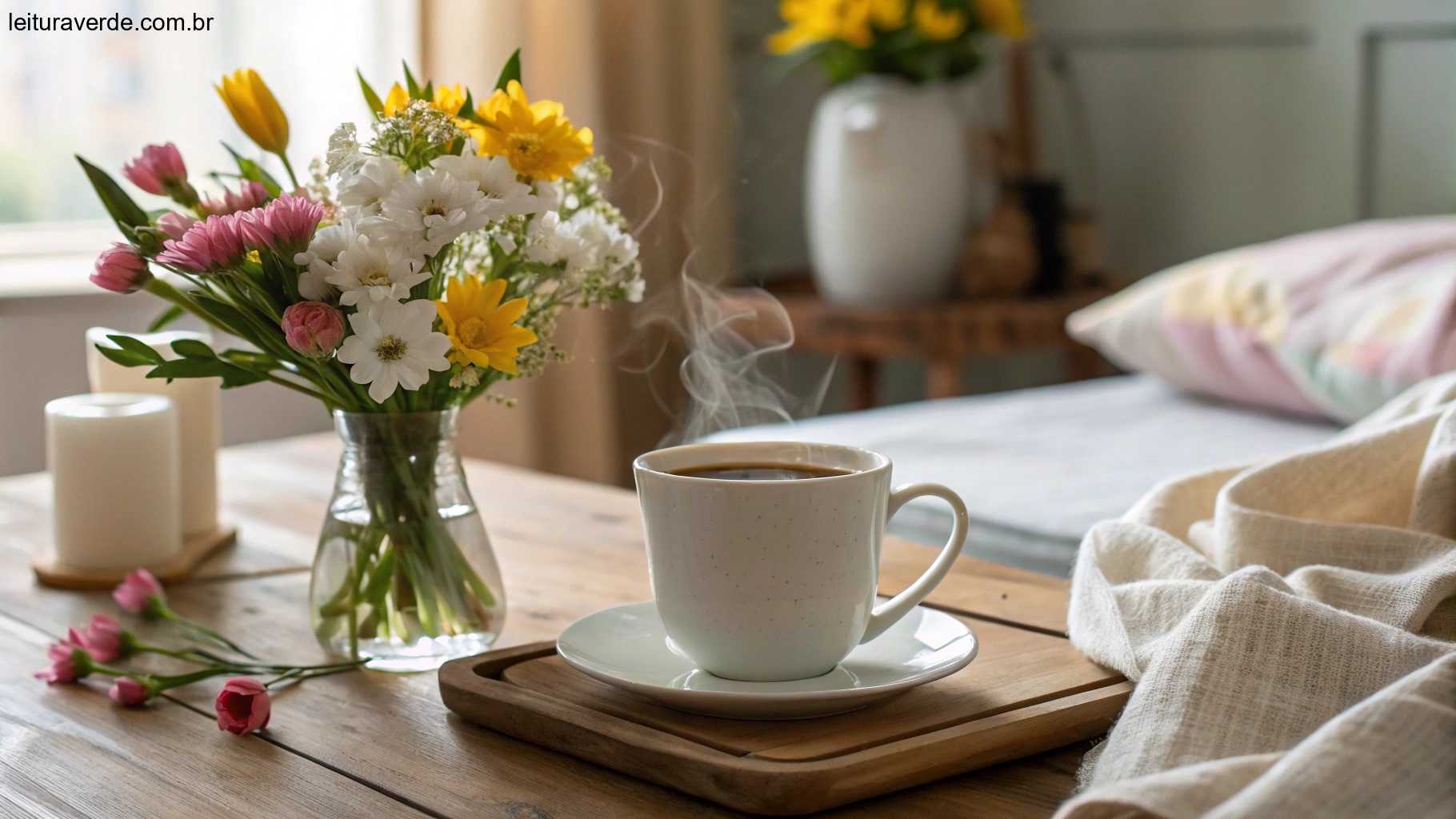 Cena matinal alegre com uma xícara de café, flores frescas e uma atmosfera acolhedora