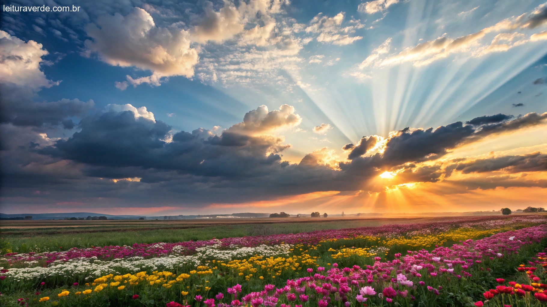 Nascer do sol sobre um campo de flores com raios de luz