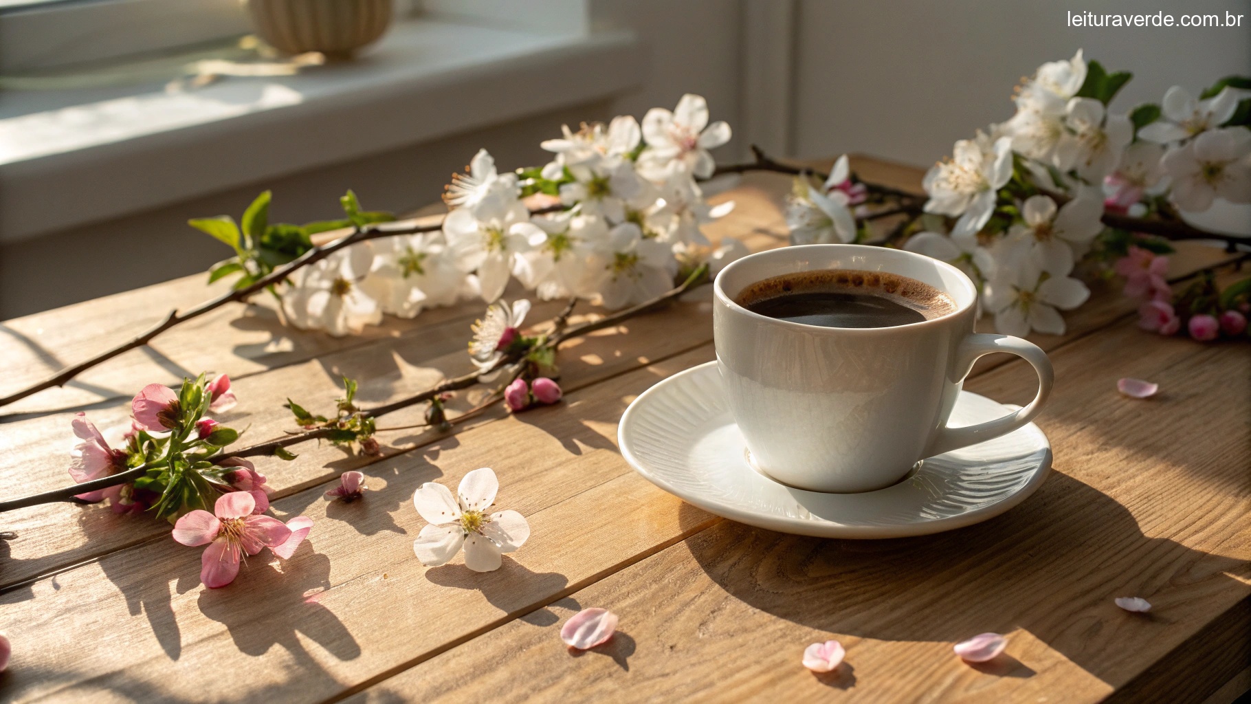 Uma cena matinal aconchegante com uma xícara de café sobre uma mesa de madeira, cercada por flores desabrochando e luz suave do sol