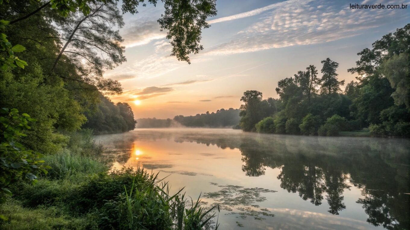 Nascer do sol sereno sobre um lago calmo com luz suave refletindo na água, cercado por árvores verdes e uma atmosfera tranquila