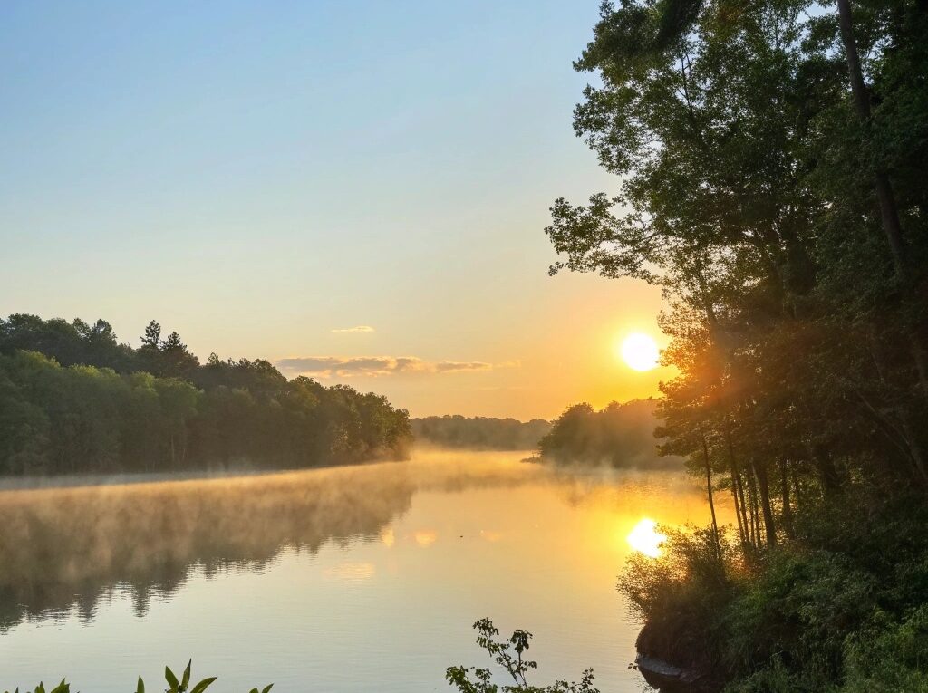 Um nascer do sol sereno sobre um lago calmo, com luz dourada refletindo na água, cercado por árvores verdes e um céu azul claro, evocando uma sensação de paz e inspiração para um bom dia abençoado em 2025.