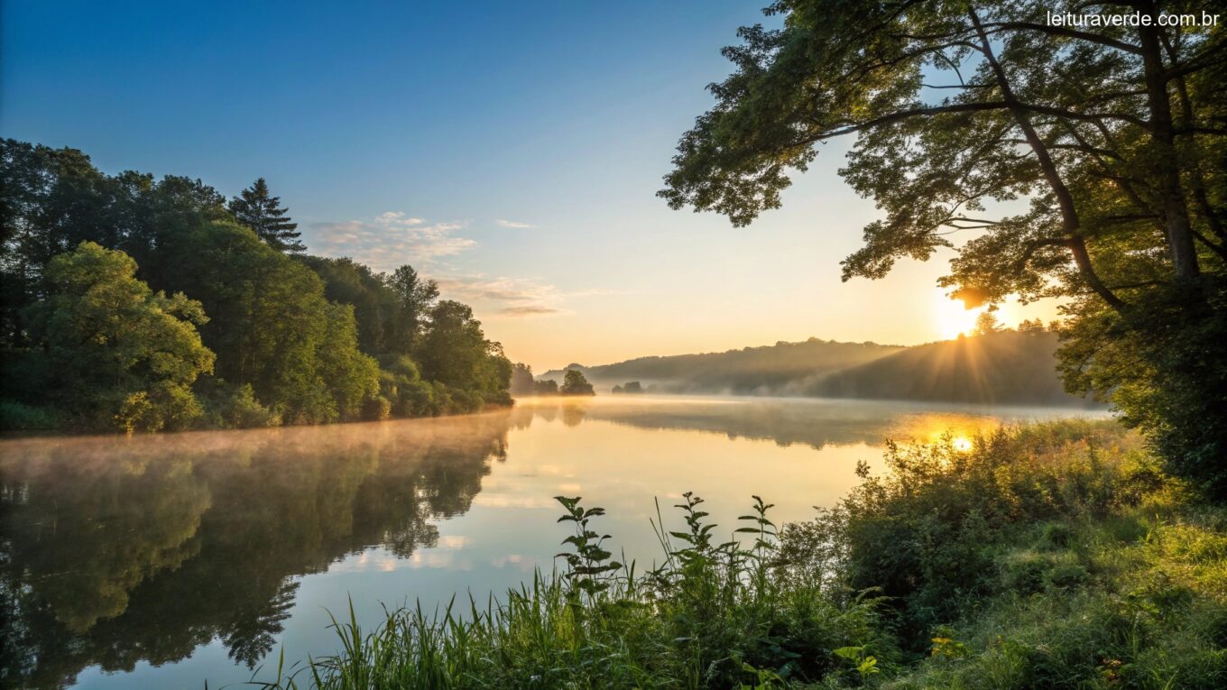 Um nascer do sol sereno sobre um lago calmo com luz dourada refletindo na água, cercado por árvores verdes e um céu azul claro