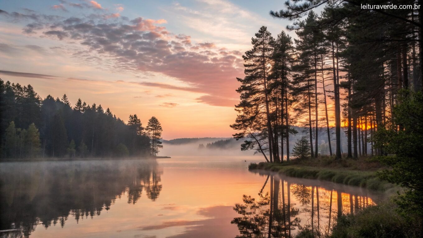 Um nascer do sol sereno sobre um lago calmo com luz suave filtrando através de árvores altas, criando uma atmosfera tranquila e abençoada