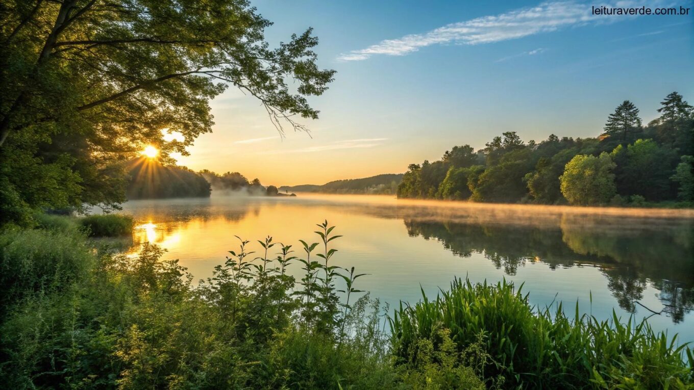 Imagem de um nascer do sol tranquilo sobre um lago calmo, com luz dourada refletindo na água, cercado por árvores verdes e um céu azul