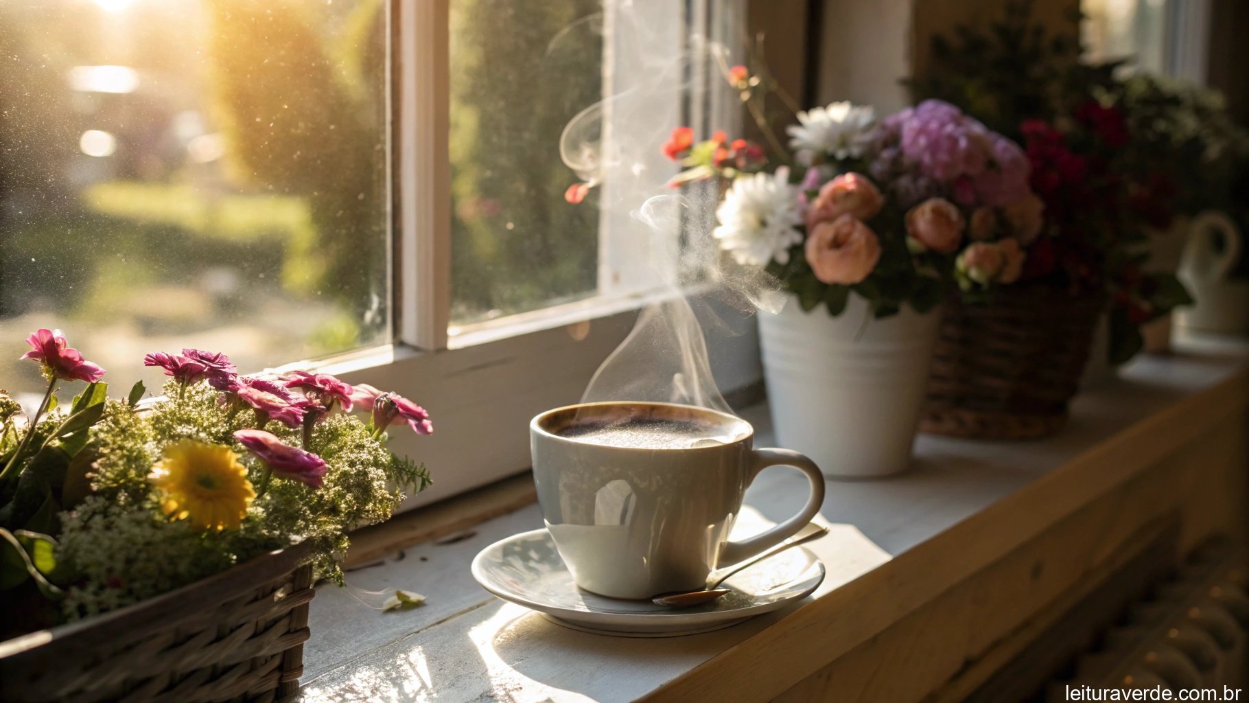 Xícara de café quente no parapeito de uma janela com luz do sol entrando, cercada por flores e uma atmosfera aconchegante