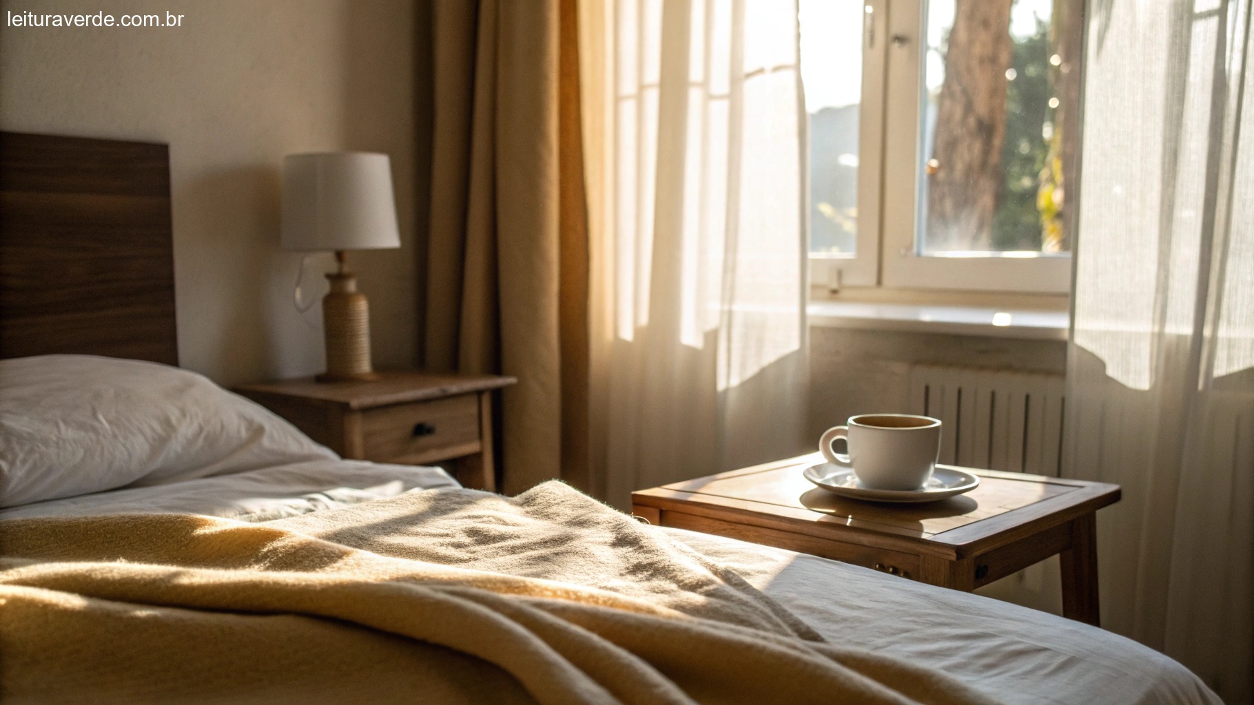 Quarto aconchegante com luz do sol entrando pelas cortinas, uma xícara de café na mesa de cabeceira e um cobertor macio na cama