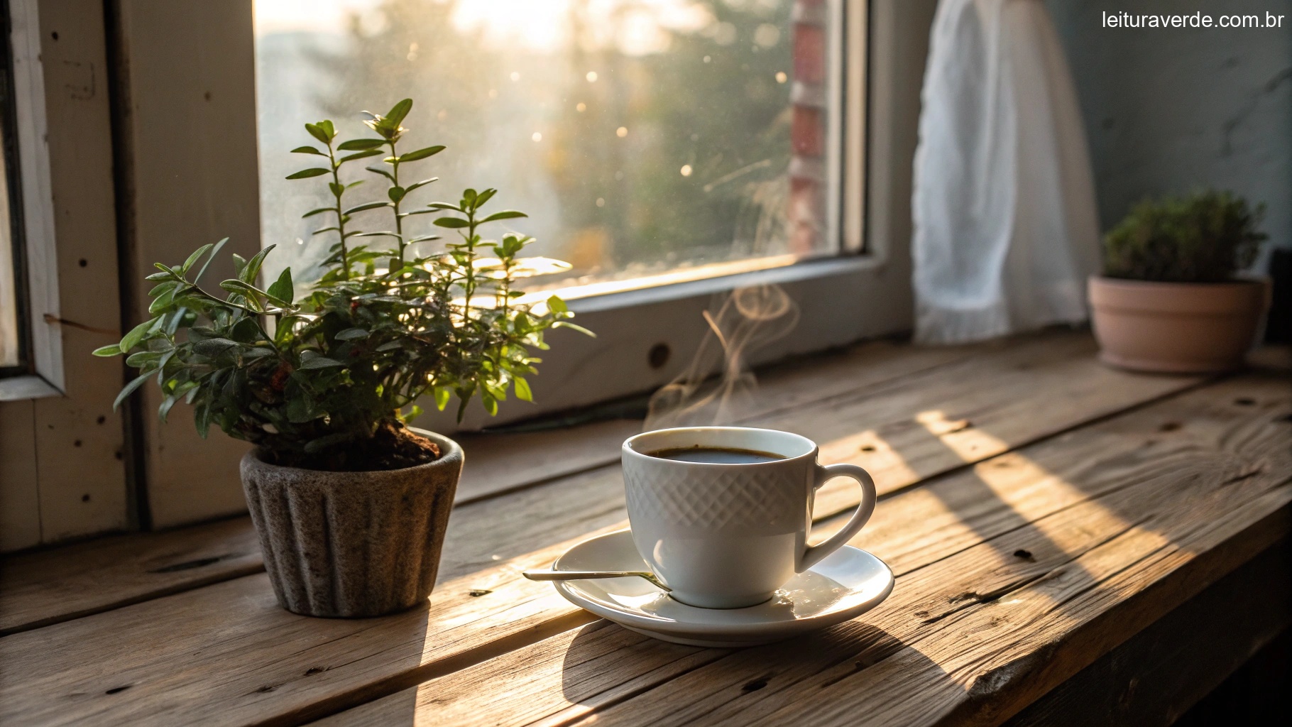 Imagem de uma cena matinal aconchegante com uma xícara de café em uma mesa de madeira, uma pequena planta e luz suave do sol entrando pela janela