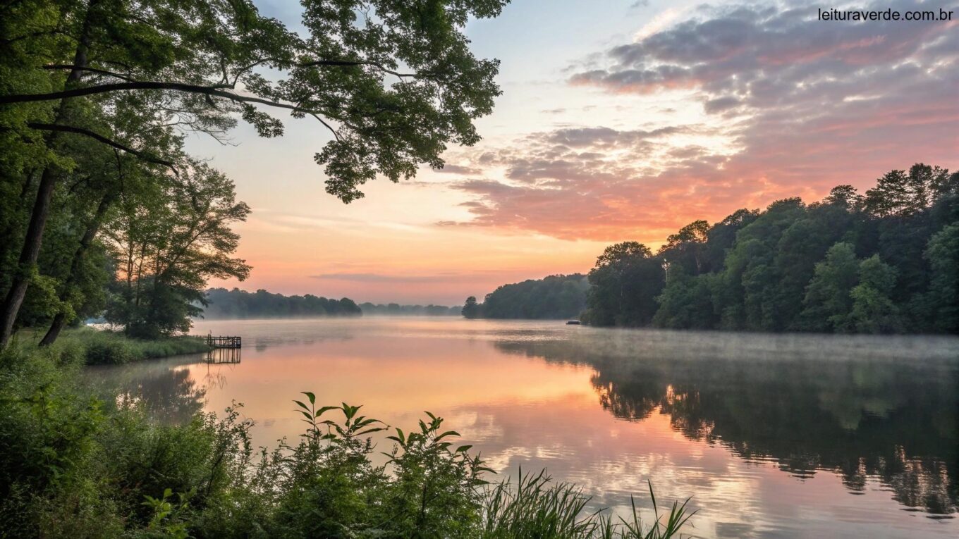 Imagem de um nascer do sol sereno sobre um lago calmo, com luz suave refletindo na água, cercado por árvores verdes e uma atmosfera tranquila