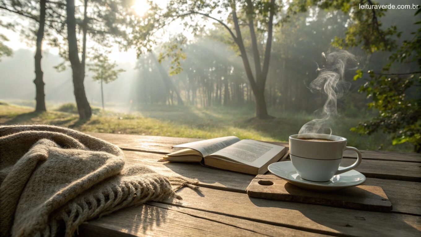 Cena tranquila de manhã com luz suave do sol filtrando pelas árvores, uma xícara de café em uma mesa de madeira e um cobertor aconchegante