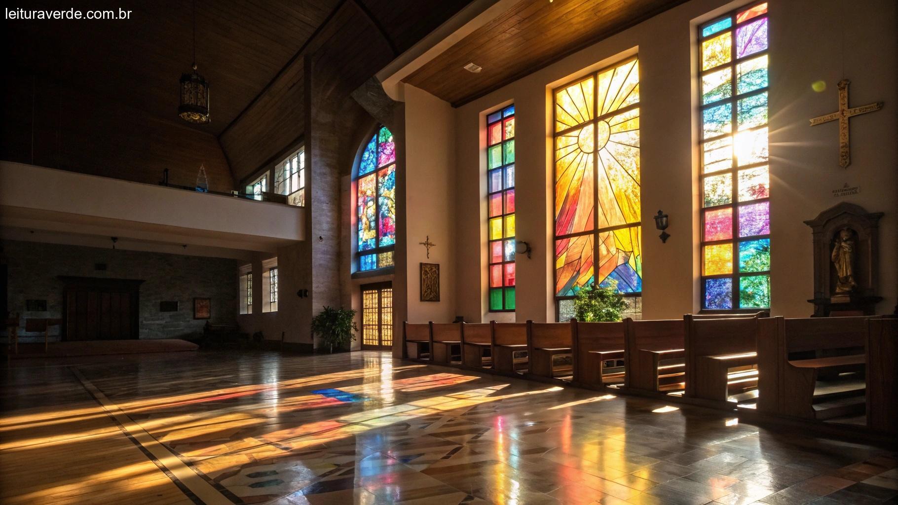 Imagem de uma igreja tranquila com luz do sol passando por vitrais, criando uma atmosfera espiritual e acolhedora