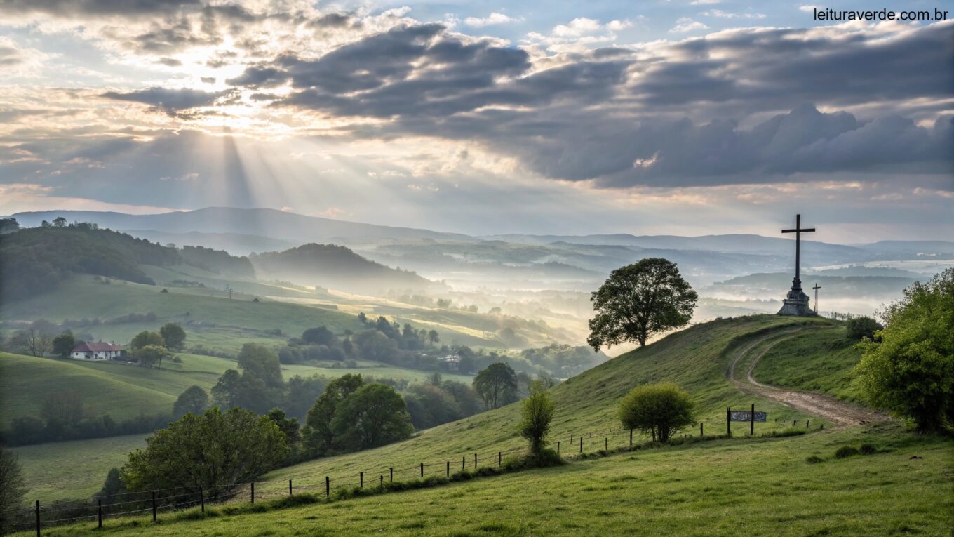 Paisagem serena de manhã com uma cruz no topo de uma colina, luz suave do sol atravessando as nuvens e uma atmosfera tranquila