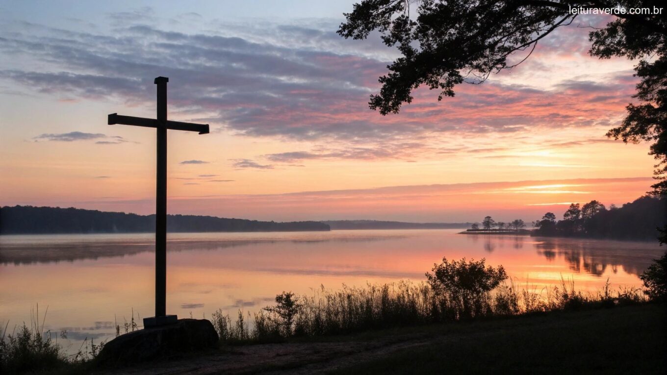 Nascer do sol sereno sobre um lago calmo com uma silhueta de uma cruz em primeiro plano, simbolizando uma segunda-feira abençoada