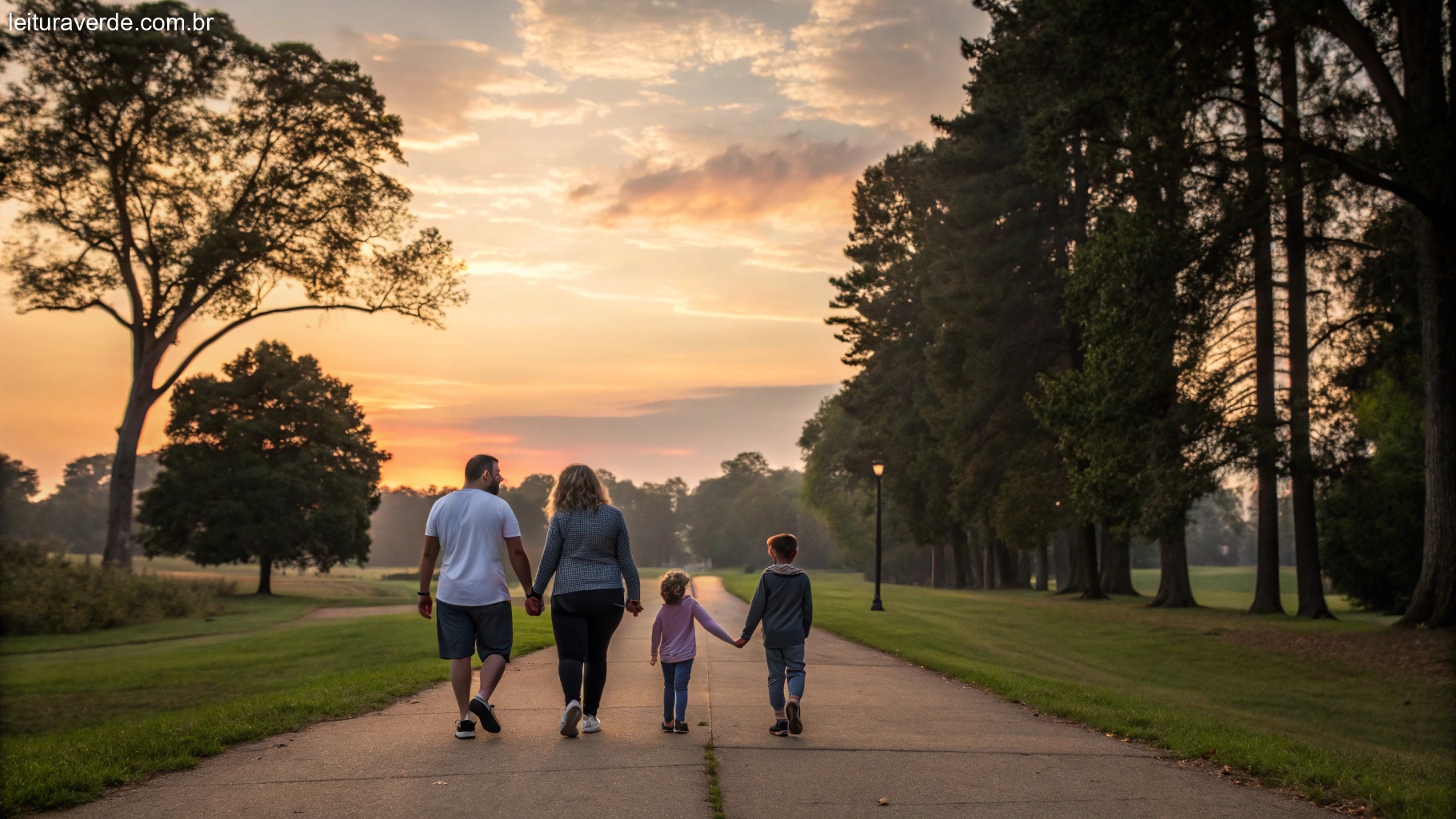 Família caminhando junta em um parque durante o nascer do sol, com árvores e um caminho à frente