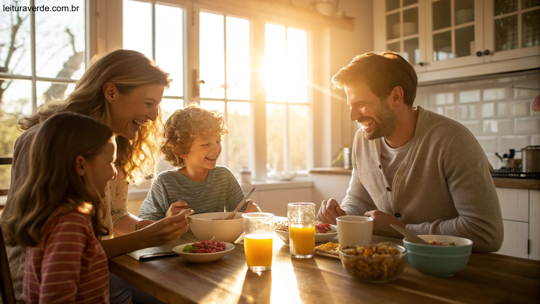 Família feliz tomando café da manhã com luz solar aconchegante