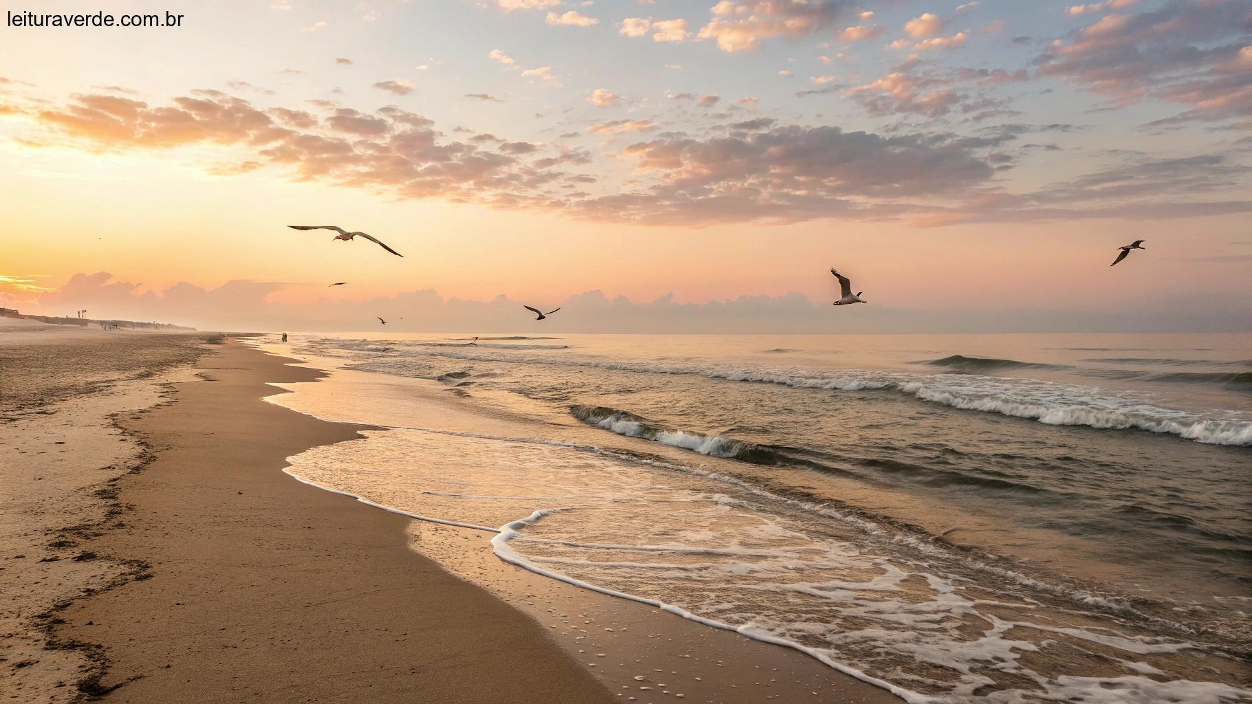 Praia tranquila ao nascer do sol, com ondas suaves, areia dourada e gaivotas voando ao longe