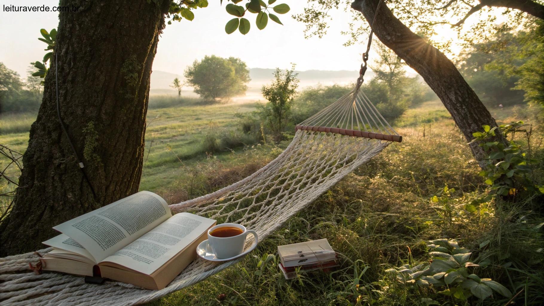 Cena relaxante de manhã de domingo com uma rede entre duas árvores, um livro e uma xícara de chá, cercada pela natureza