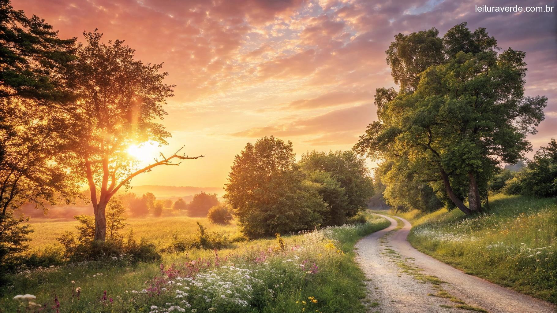 Cena matinal vibrante com raios de sol dourados passando pelas árvores, evocando paz e novos começos