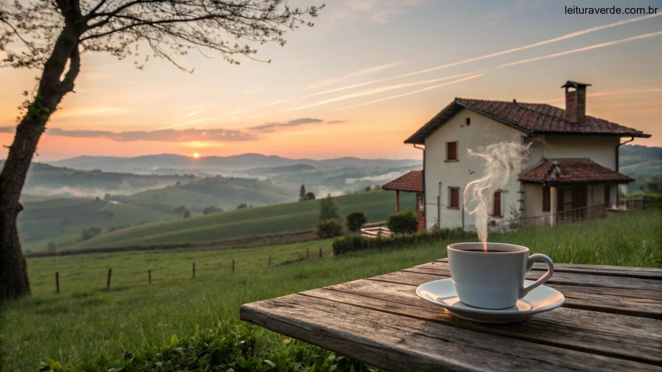 Nascer do sol sereno sobre o campo com uma casa aconchegante e uma xícara de café fumegante em uma mesa de madeira