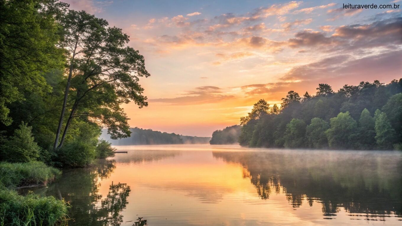 Um nascer do sol sereno sobre um lago calmo com luz dourada refletindo na água, cercado por árvores verdes e uma atmosfera tranquila