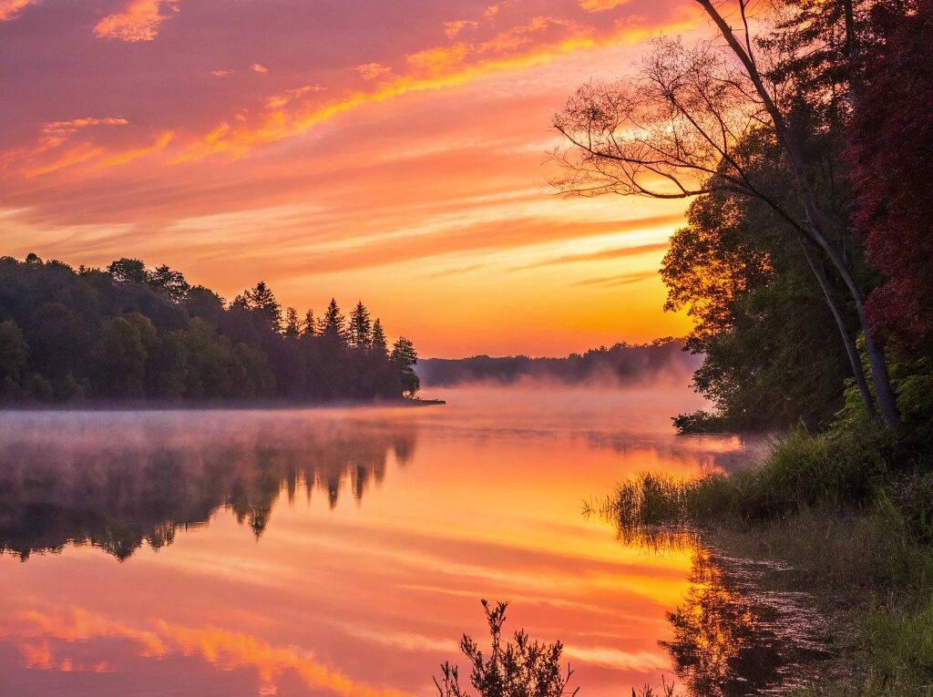 Nascer do sol sereno sobre um lago calmo com cores vibrantes refletindo na água, simbolizando um novo começo para a semana