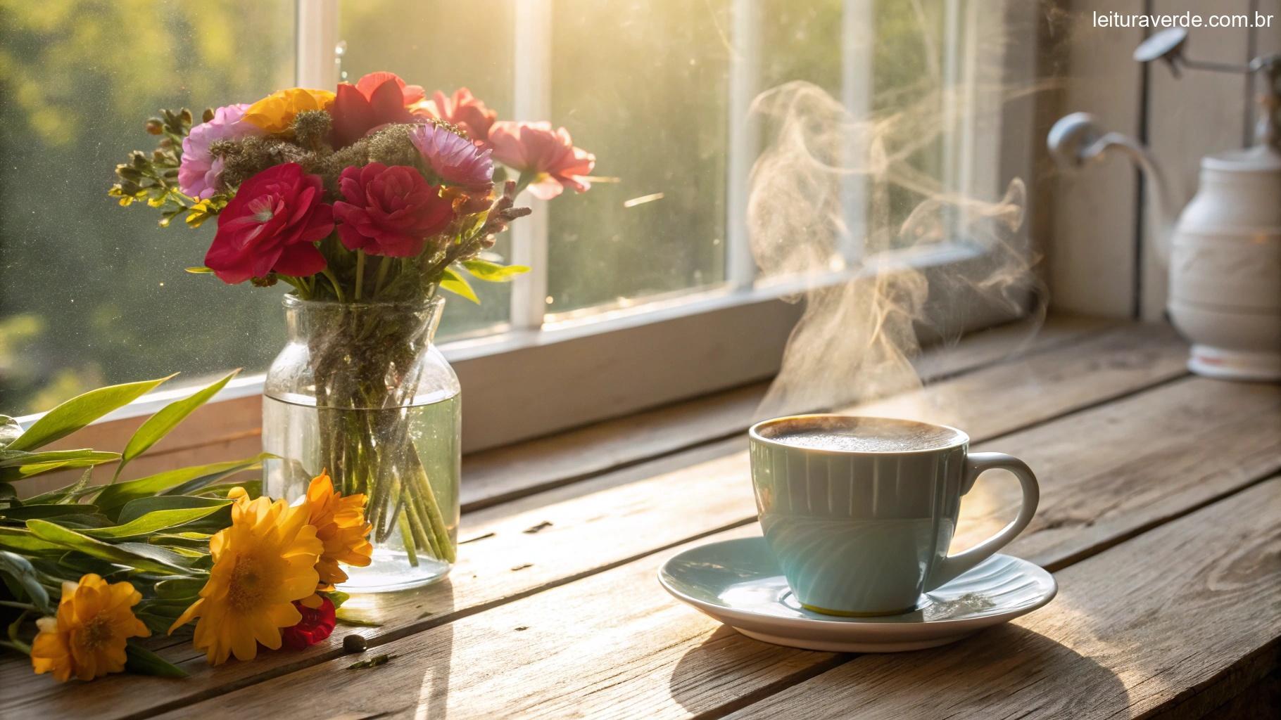 Cena aconchegante da manhã com uma xícara de café fumegante em uma mesa de madeira, luz suave do sol entrando pela janela e um pequeno vaso de planta por perto, simbolizando um novo começo para o dia