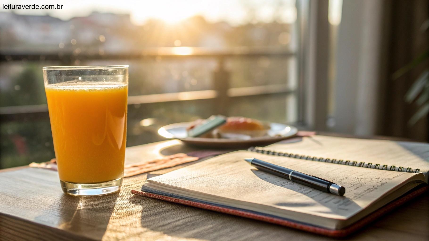 Cena vibrante de manhã de segunda-feira com suco de laranja fresco, um caderno e uma caneta em uma mesa, com luz do sol entrando pela janela