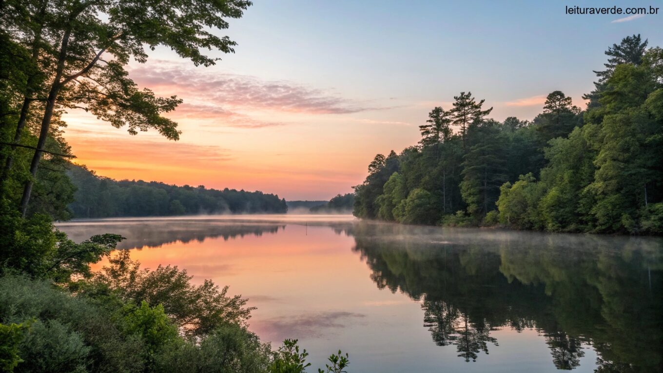 Um nascer do sol sereno sobre um lago calmo com tons suaves de laranja e rosa refletindo na água, cercado por árvores verdes exuberantes e um céu claro