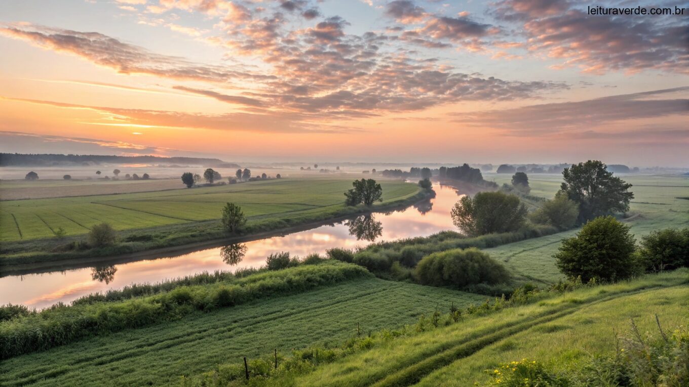 Paisagem serena de um amanhecer com campos verdes e um rio calmo, representando uma quinta-feira abençoada