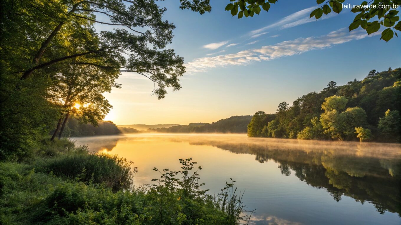 Imagem de um nascer do sol tranquilo sobre um lago calmo, com luz dourada refletindo na água, cercado por árvores verdes e um céu azul