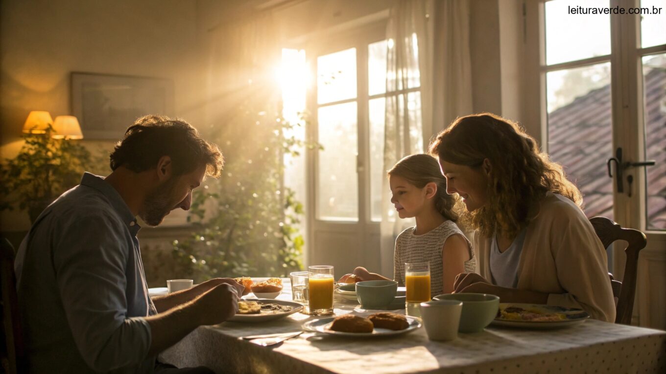 Cena tranquila de uma família reunida ao redor de uma mesa com luz do sol entrando pelas janelas