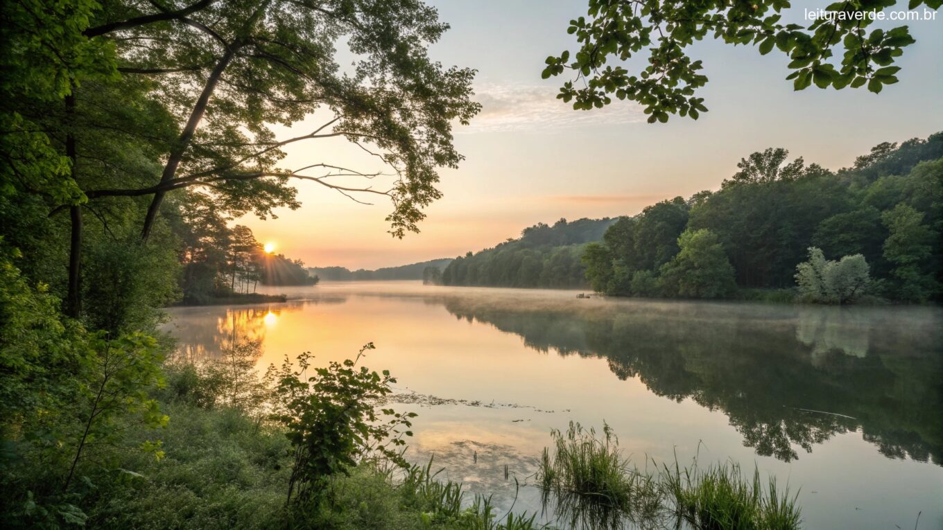 Um nascer do sol sereno sobre um lago calmo com luz suave refletindo na água, cercado por árvores verdes e uma atmosfera tranquila