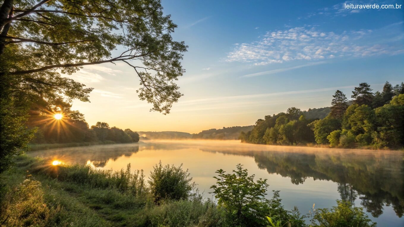 Imagem de um nascer do sol tranquilo sobre um lago calmo, com luz dourada refletindo na água, cercado por árvores verdes e um céu azul