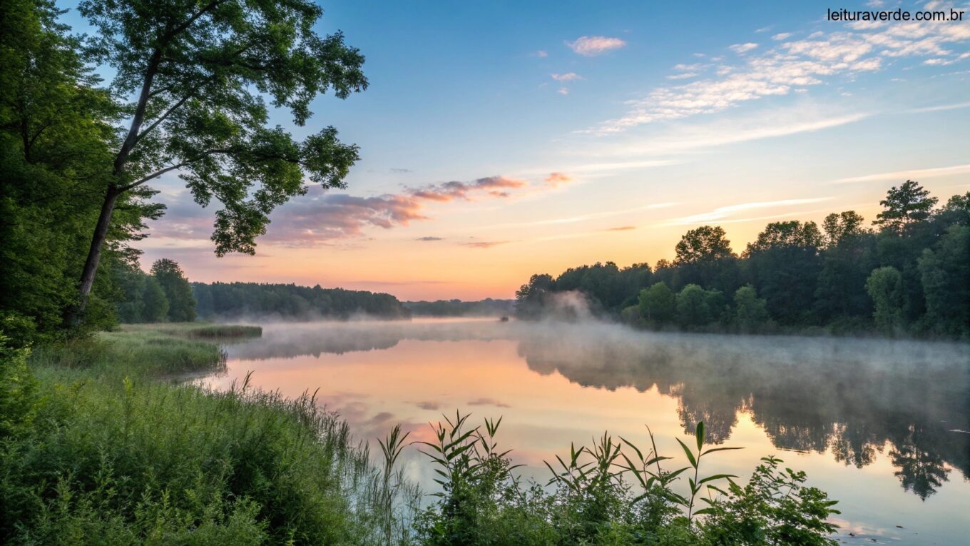 Nascer do sol sereno sobre um lago calmo com neblina subindo, cercado por árvores verdes exuberantes e um céu azul claro