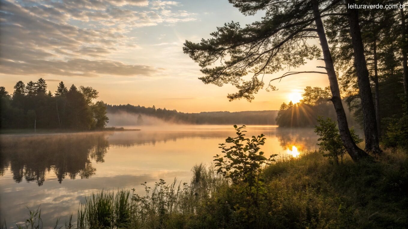 Nascer do sol sereno sobre um lago calmo com luz suave filtrando pelas árvores, simbolizando uma manhã de sexta-feira tranquila e inspiradora.