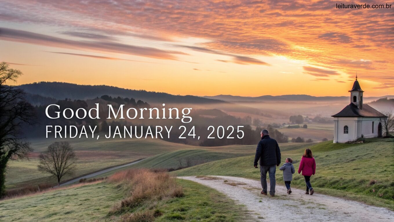 Nascer do sol sereno sobre o campo com uma igreja pequena e uma família caminhando juntos, simbolizando uma mensagem de bom dia para sexta-feira, 24 de janeiro de 2025, inspirando culto e união familiar.