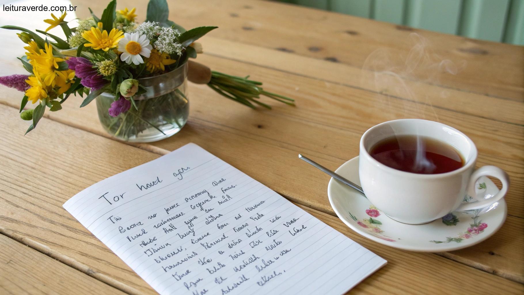 Imagem de uma cena simples e acolhedora com um bilhete escrito à mão em uma mesa de madeira, ao lado de um pequeno vaso com flores frescas e uma xícara de chá fumegante