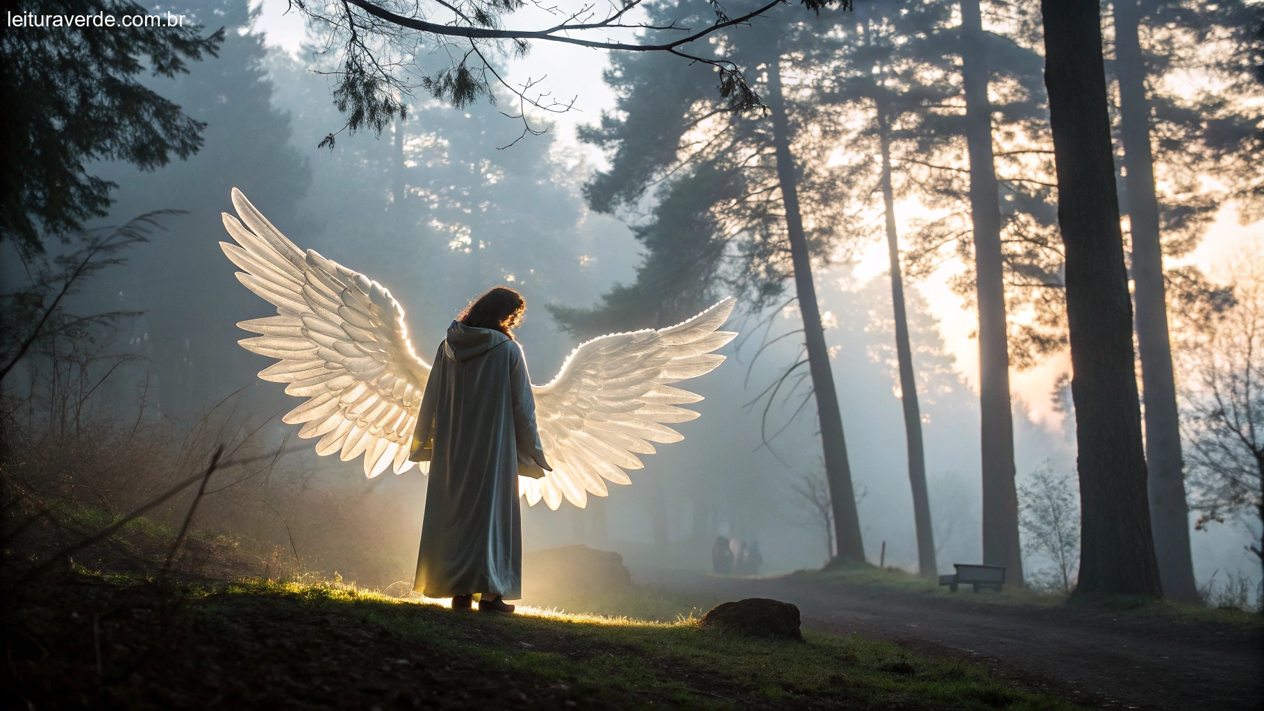 Uma figura etérea e brilhante com asas em uma floresta nebulosa, simbolizando um anjo da guarda vigiando com uma sensação de paz e proteção