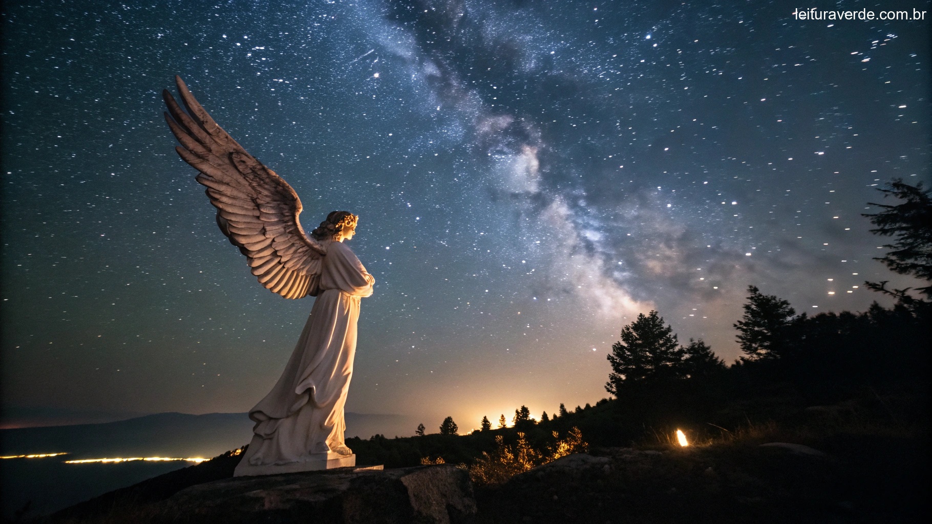 Anjo da guarda com asas abertas sob um céu estrelado, transmitindo proteção e calma