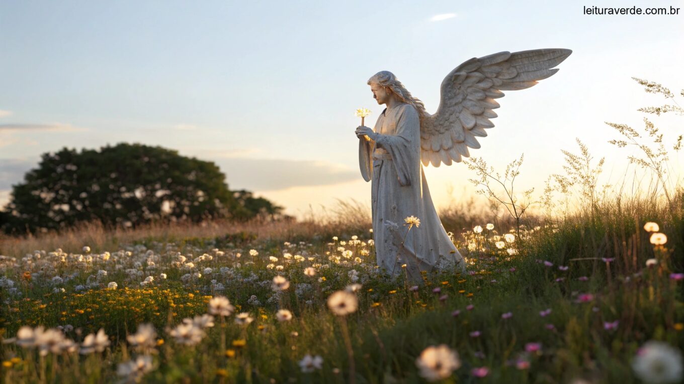 Anjo da guarda em um campo tranquilo com luz suave e flores, transmitindo inspiração e paz