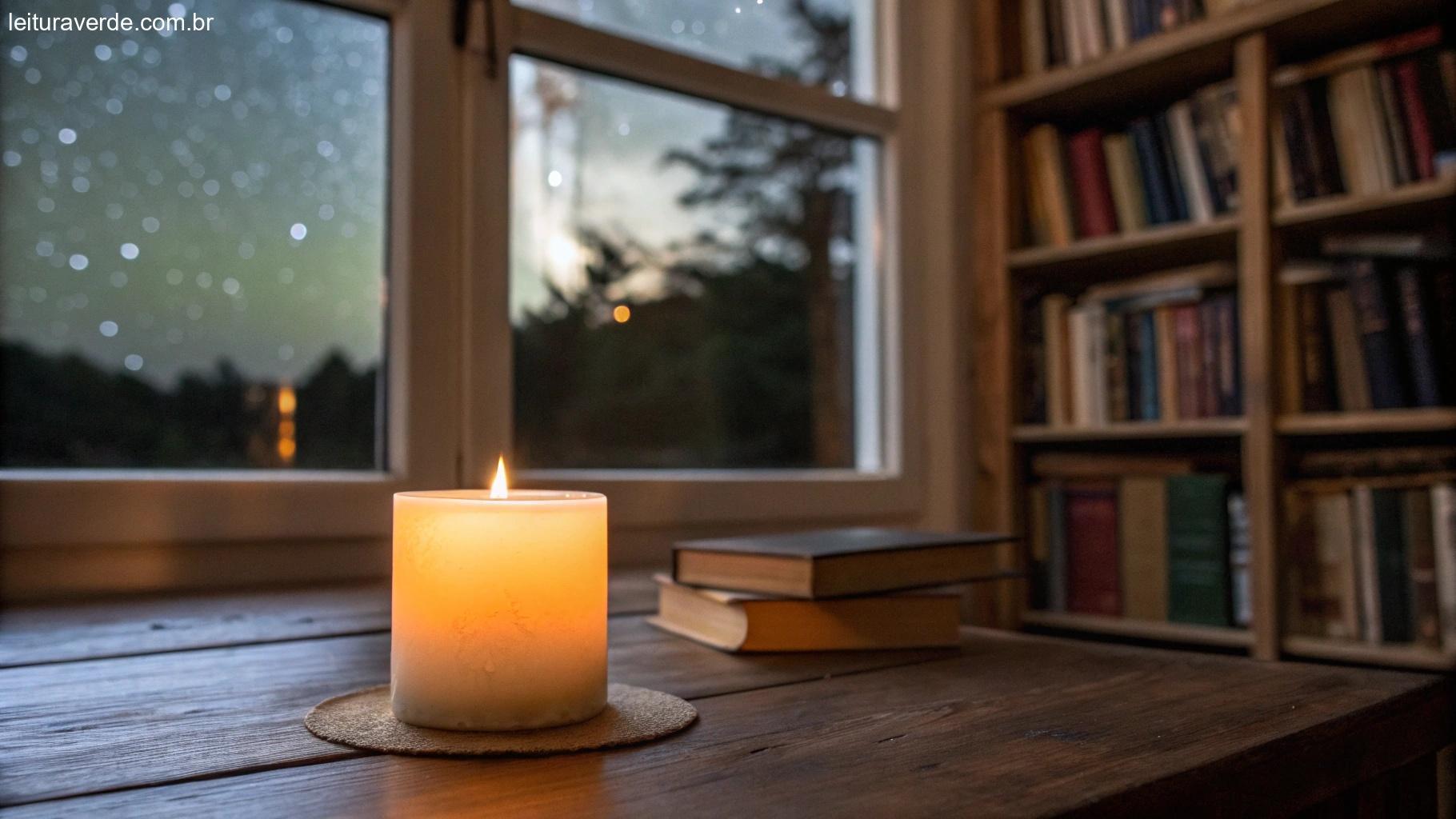 Vela acesa em uma mesa de madeira, com um fundo desfocado de uma estante de livros e uma janela mostrando uma noite estrelada