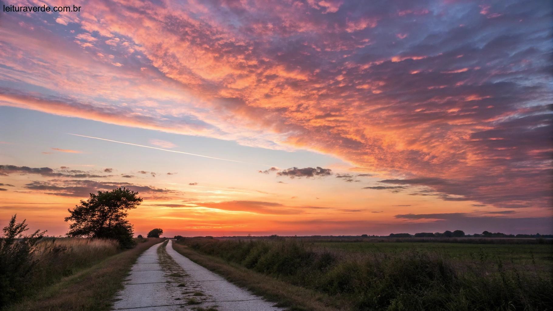 Um pôr do sol deslumbrante com um caminho que leva ao horizonte, simbolizando uma mensagem final de bom dia