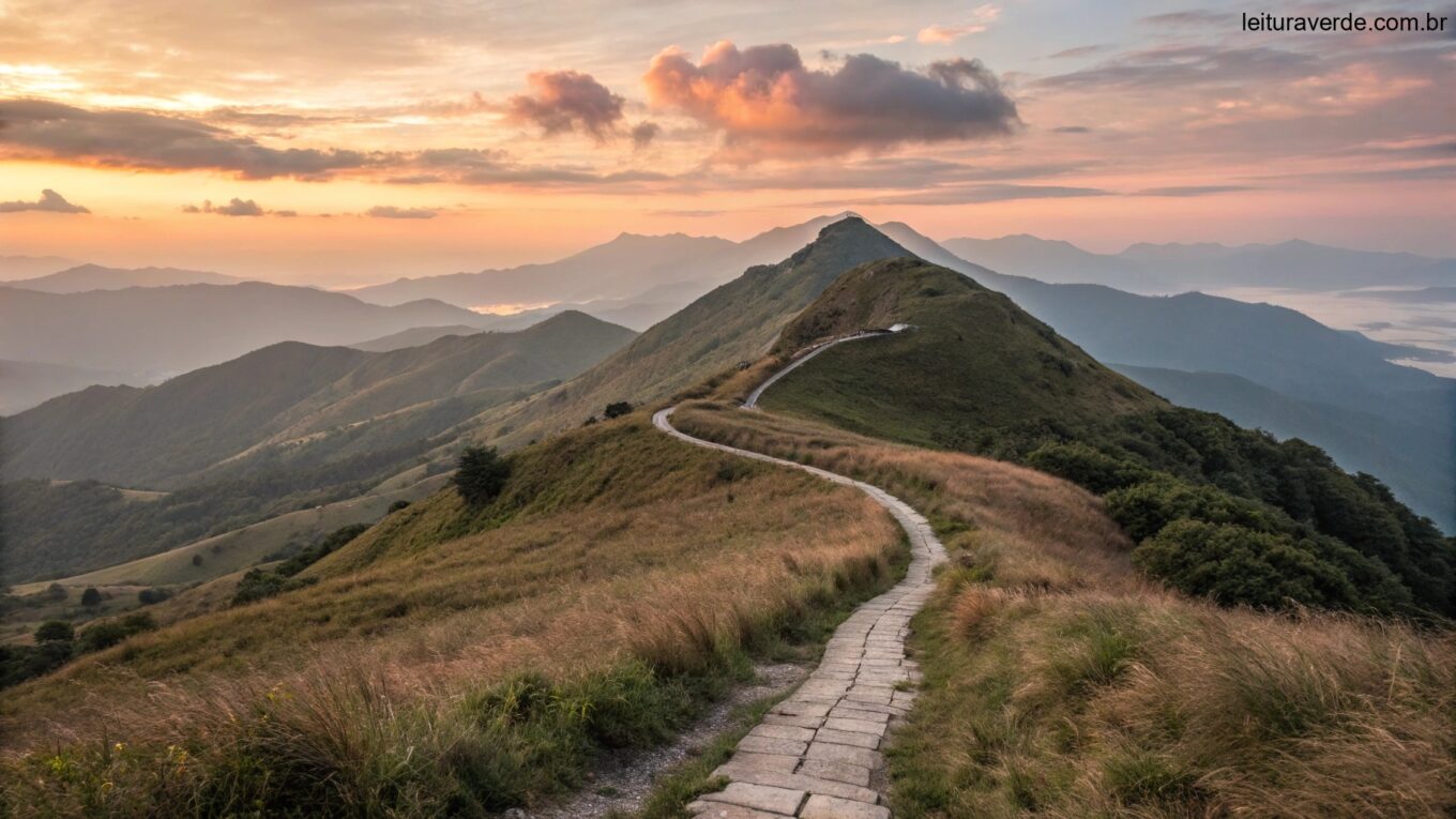 Nascer do sol sereno sobre uma cordilheira com um caminho sinuoso levando ao pico, simbolizando persistência e fé