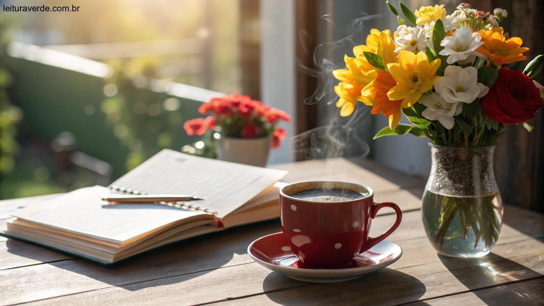 Cena matinal vibrante com uma xícara de café, flores frescas e um caderno sobre uma mesa, com a luz do sol entrando pela janela