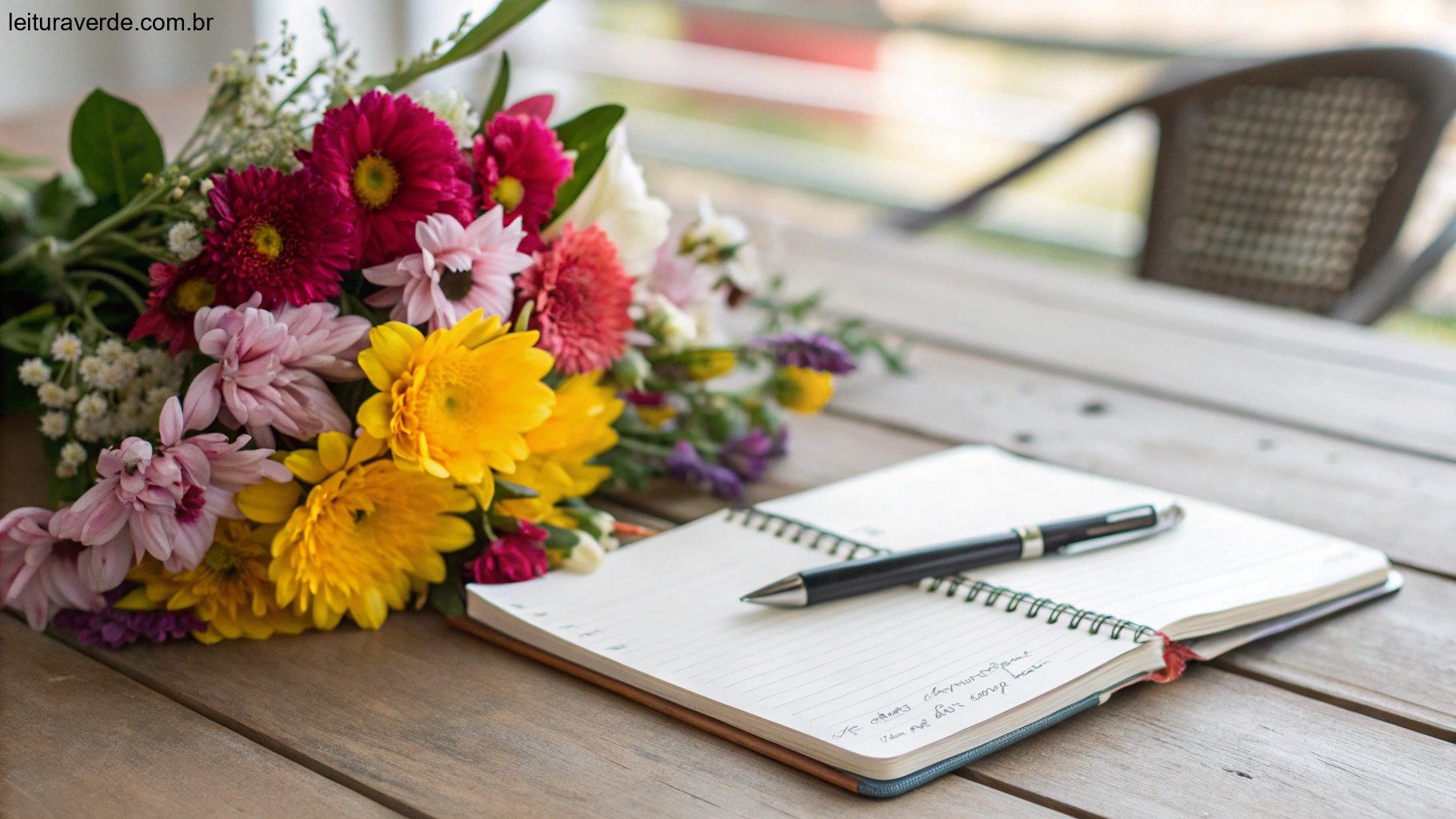 Uma cena matinal vibrante com um buquê de flores, um caderno e uma caneta, representando o compartilhamento de positividade e bênçãos