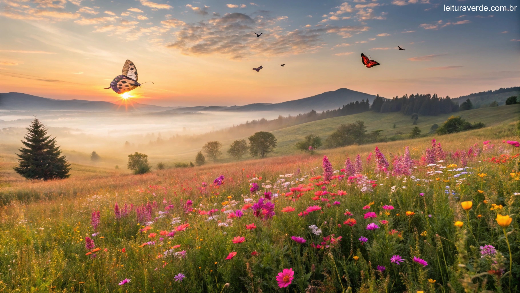 Nascer do sol vibrante sobre um campo cheio de flores coloridas, borboletas voando e um brilho quente se espalhando pela paisagem