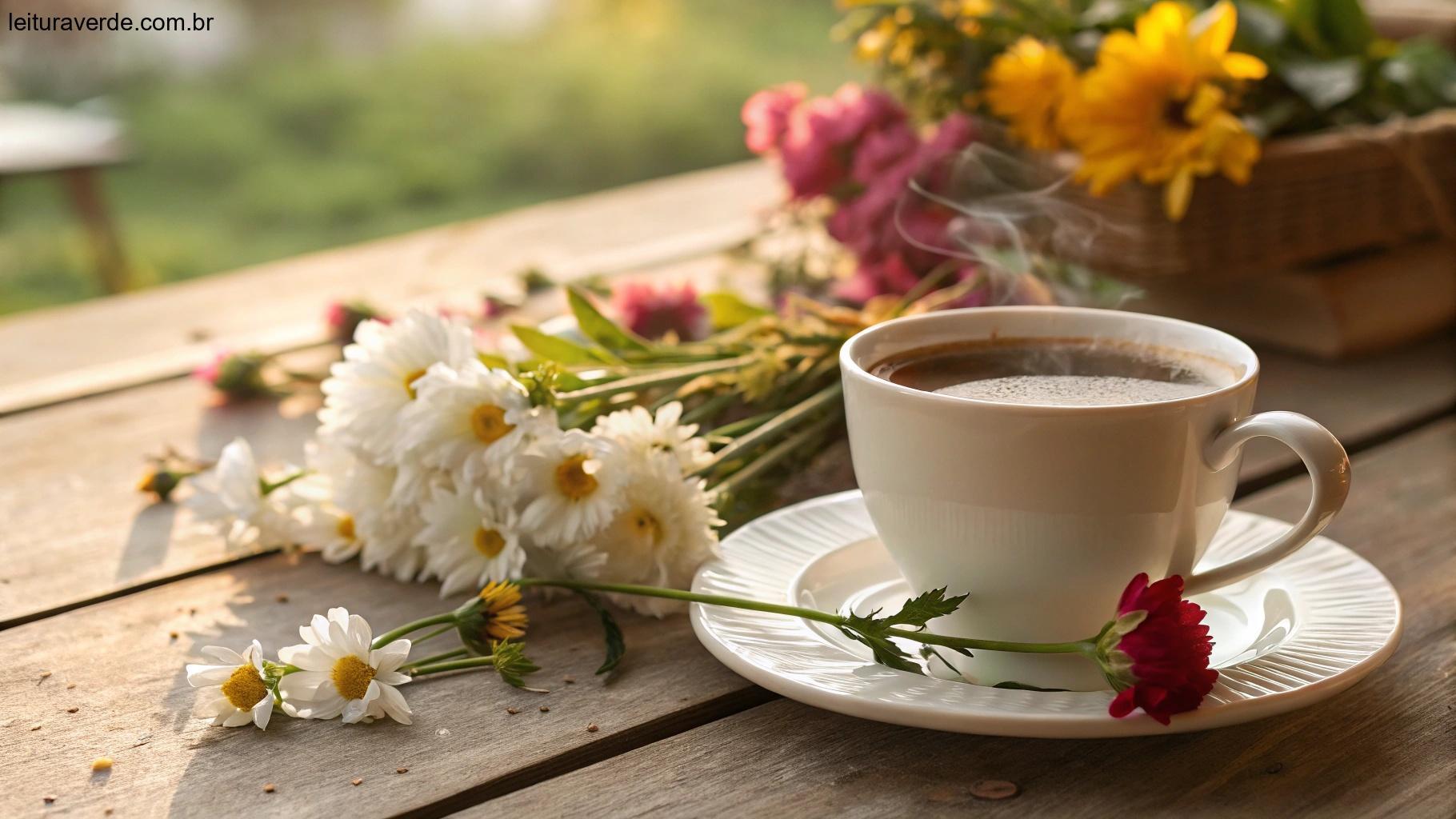 Uma xícara de café quente sobre uma mesa de madeira com flores frescas e uma luz suave da manhã, representando uma mensagem de bom dia