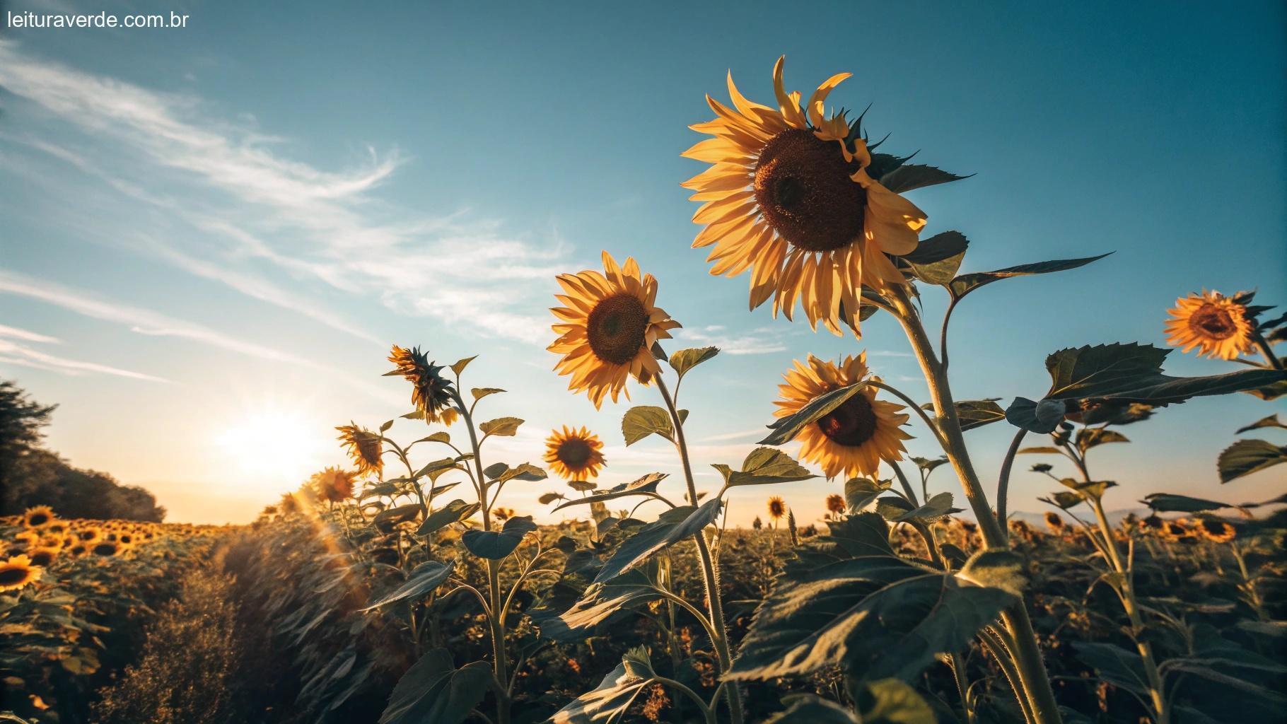 Campo vibrante de girassóis sob um céu azul brilhante, com o sol projetando uma luz dourada e quente