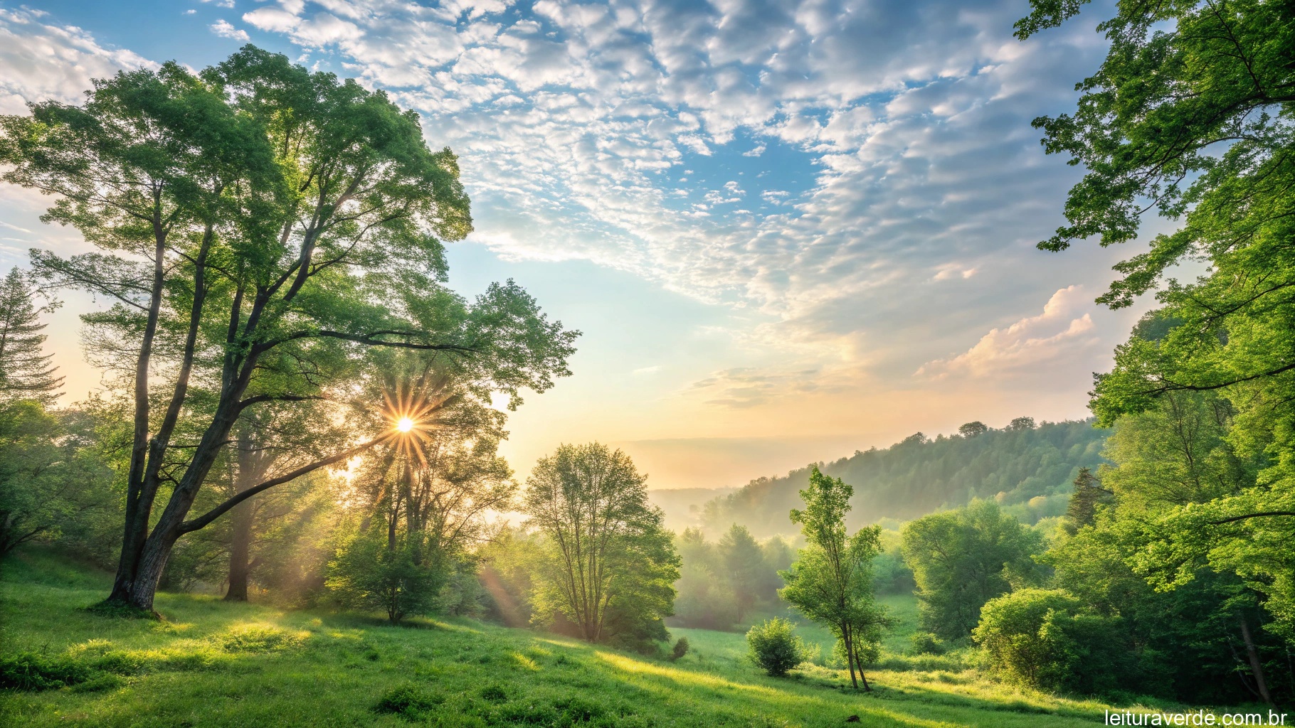 Cena matinal vibrante com a luz do sol filtrando pelas árvores, incorporando mensagens inspiradoras de bom dia