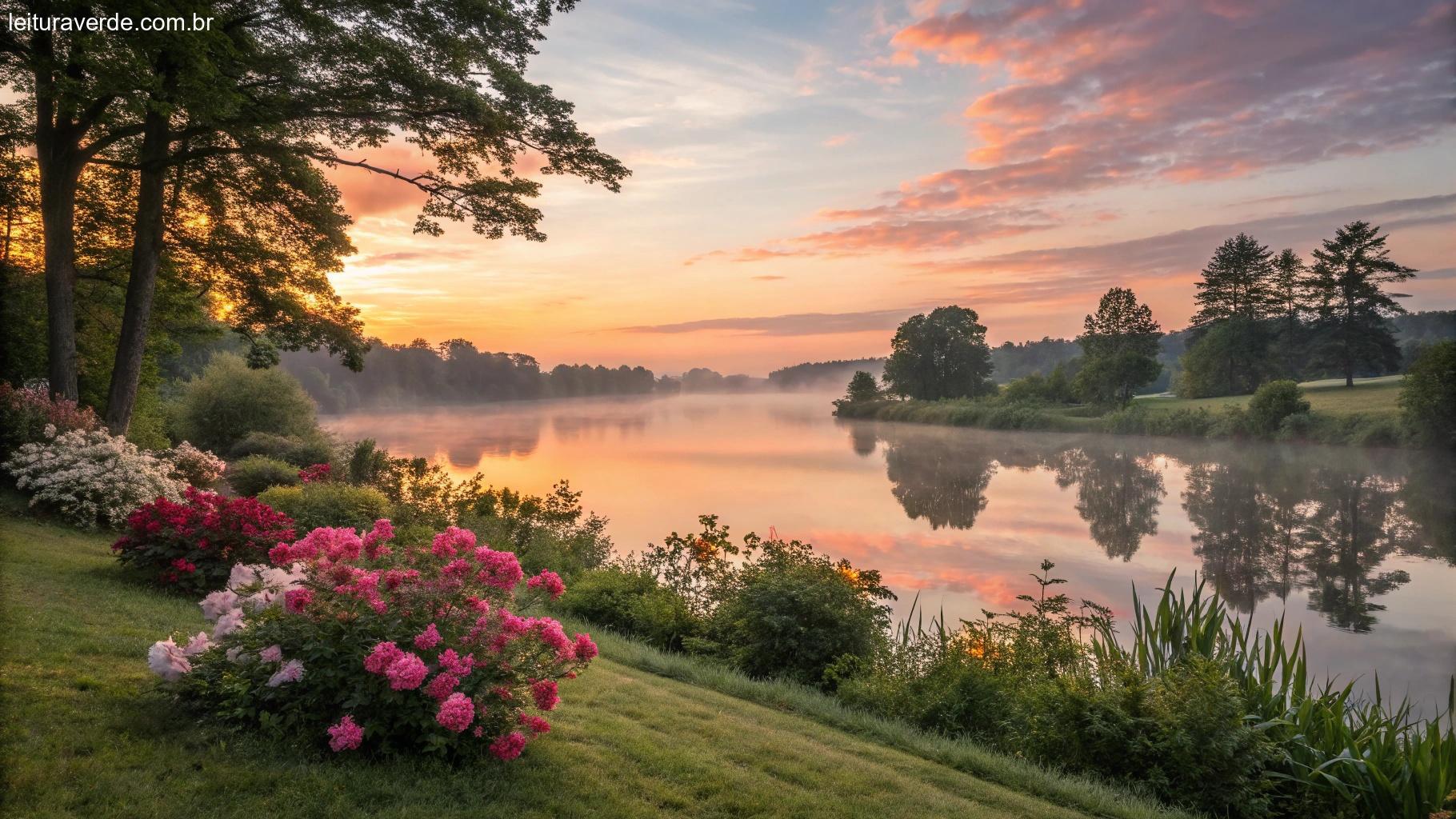 Paisagem matinal com nascer do sol sobre um lago calmo, cercado por árvores e flores