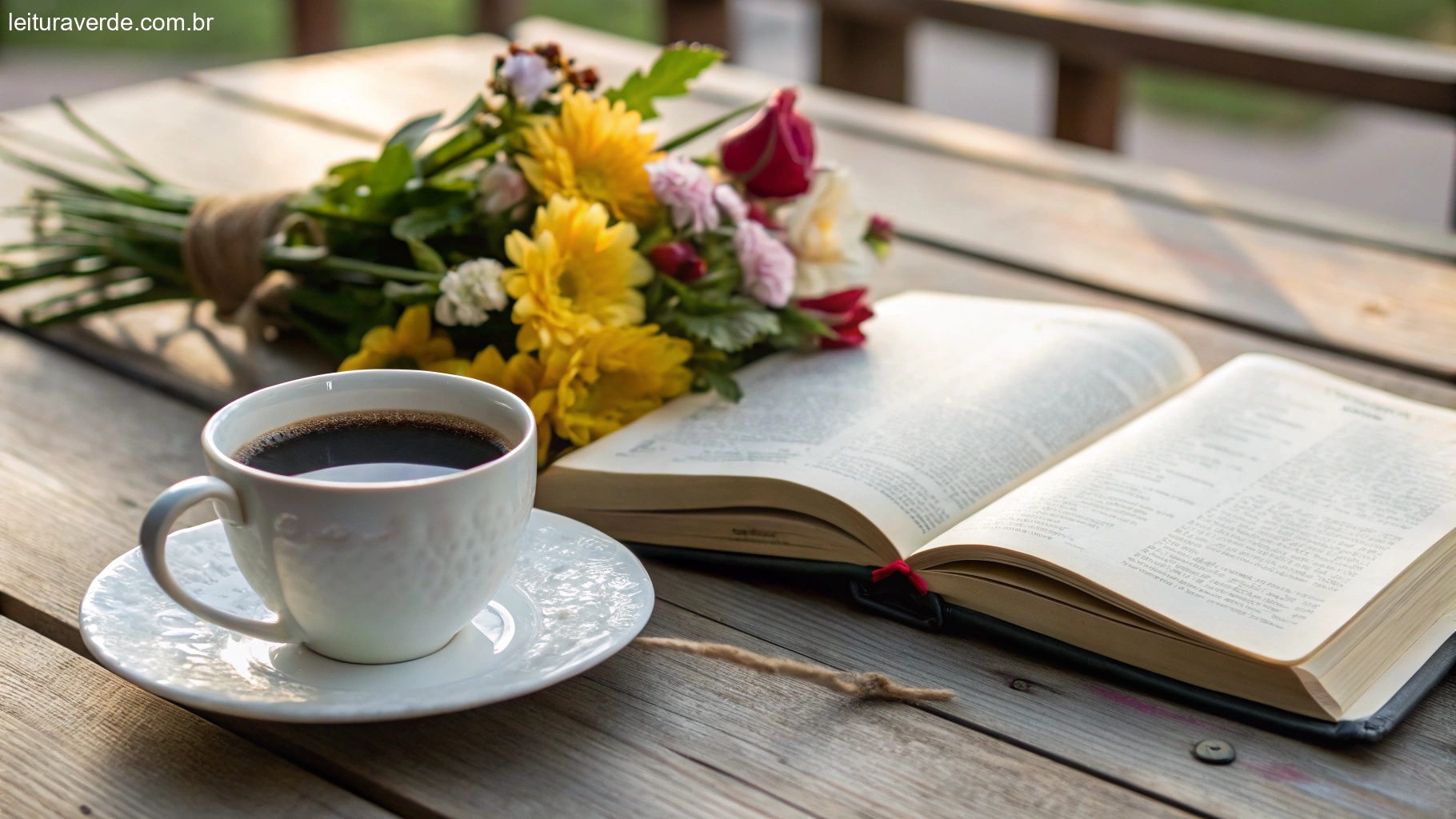 Cena matinal alegre com uma xícara de café, flores e um caderno ao lado de uma Bíblia aberta, simbolizando um começo de dia tranquilo